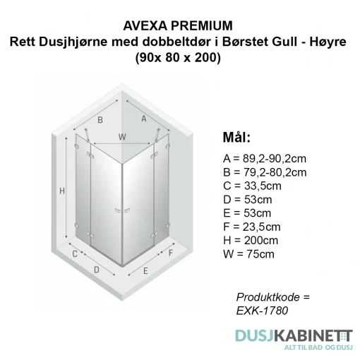 AVEXA PREMIUM Rett Dusjhjørne med Dobbeltdør i Børstet Gull (90 x 80 x 200) - Bilde 2