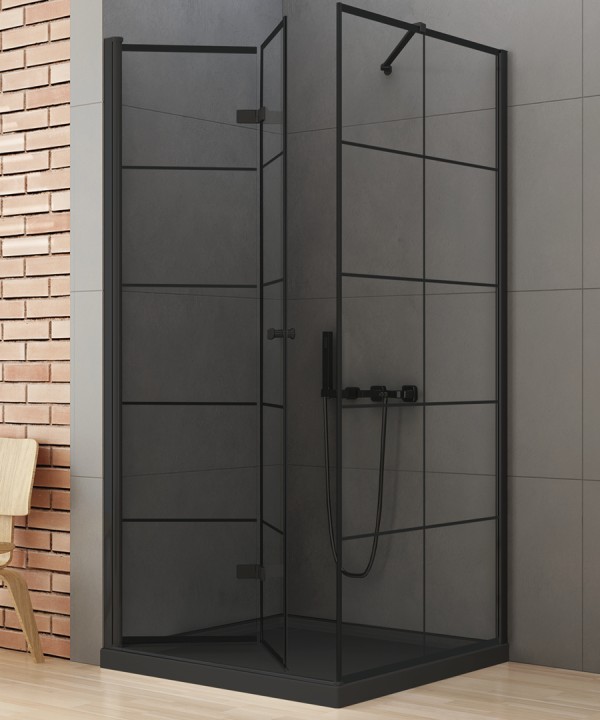 90x90x195 | NEW SOLEO™ Dusjhjørne | Innfellbar enkel dusjdør med sprosser | Høyre utgave | Sort Matt