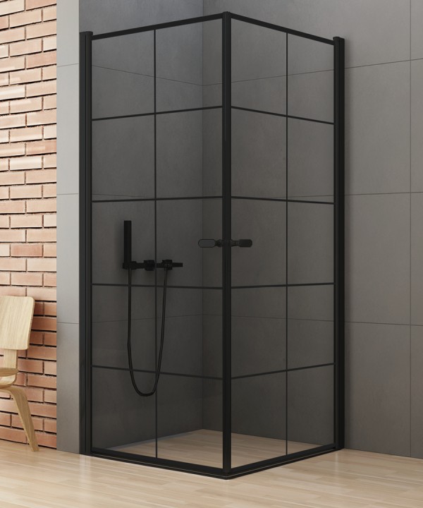 90x90x195 | NEW SOLEO™ Dusjhjørne | Svingbare doble dører med sprosser | Sort Matt