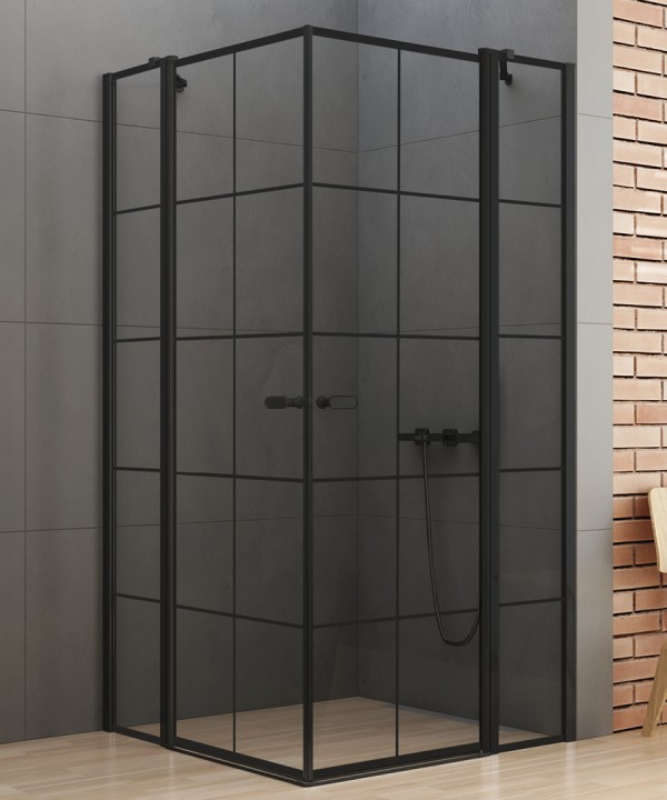 90x90x195 | NEW SOLEO™ Dusjhjørne | Svingbare doble dører og tilleggsvegger med sprosser | Sort Matt