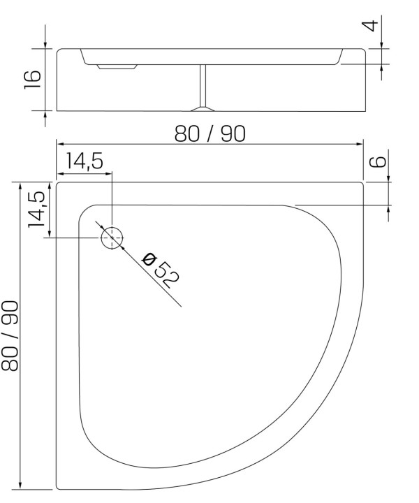 Plantegning til DOMIO™ Dusjkar – Høy Buet Utgave