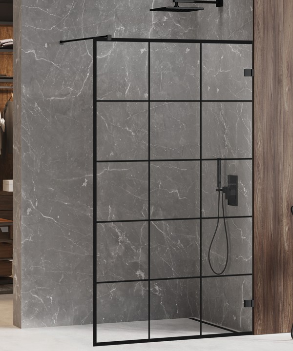 80x200 | AVEXA™ Walk-in Dusjvegg | Enkel Glassvegg med sprosser | 6mm Glass | Sort Matt