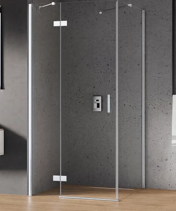 90x90x195 | NEW RENOMA™ Dusjhjørne | Fastfelt med svingbar enkeltdør + Fastfelt | Venstre utgave | 6mm Glass | Høyglans Krom