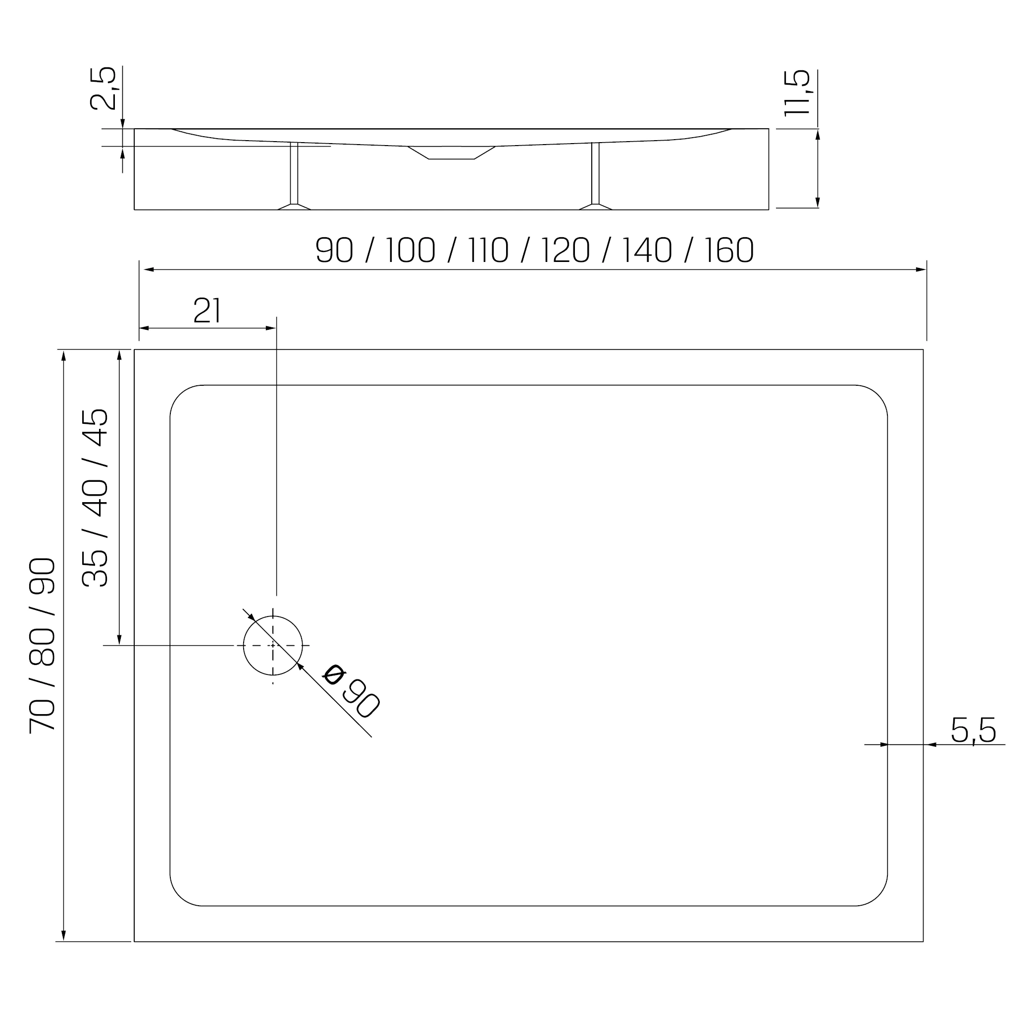 Shower tray dimension diagram