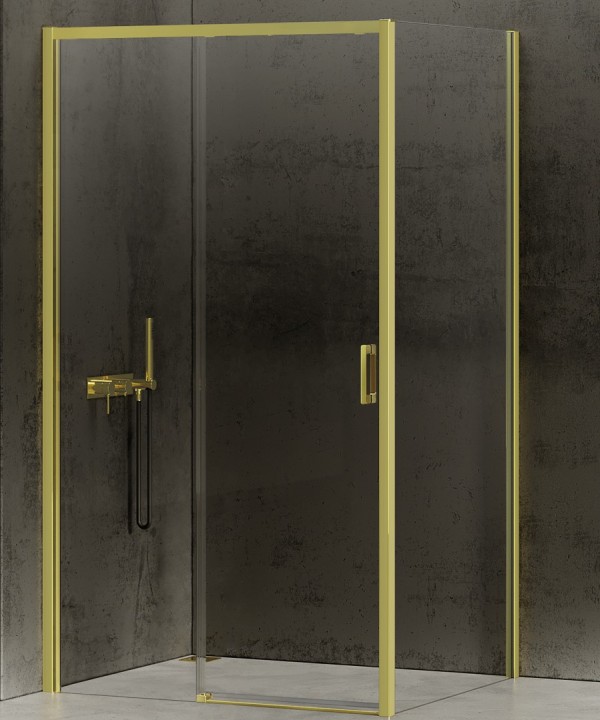 100x90x200 | PRIME™ Dusjhjørne | Fastfelt med skyvedør + Fastfelt | Høyre utgave | 6mm Glass | Lys Gull