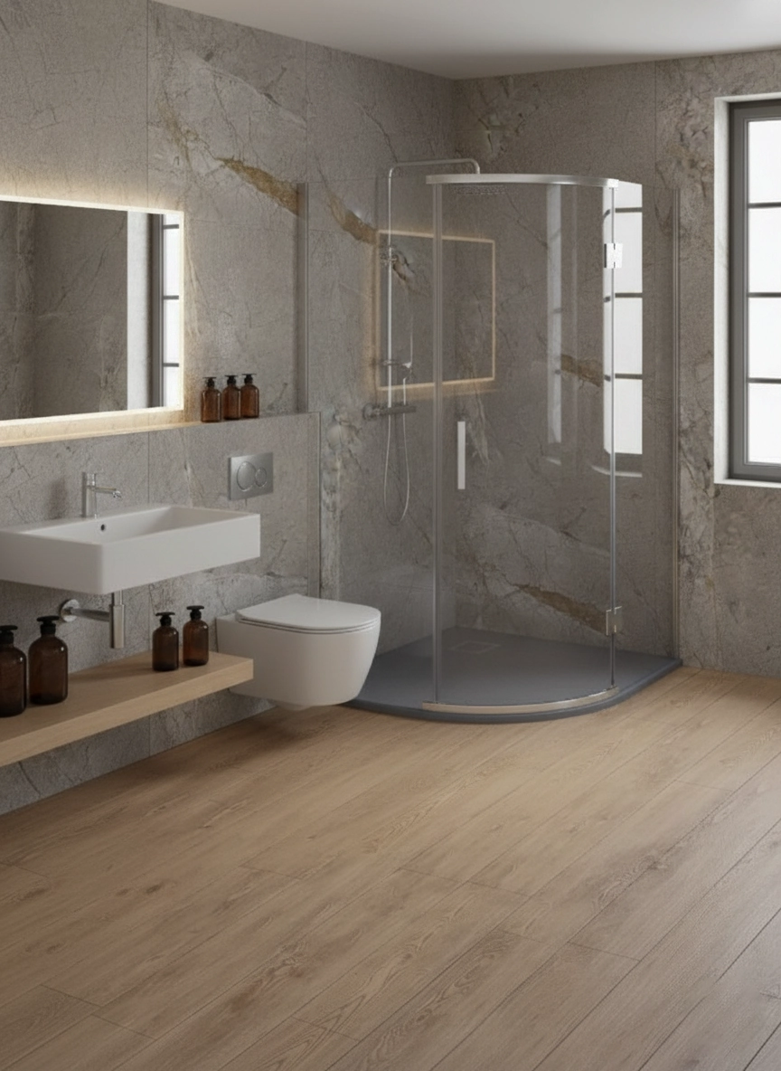 90x90x3 | MORI™ Dusjkar | Ultra-flat | Klassisk Buet | Naturstein | Grå - Bilde 5