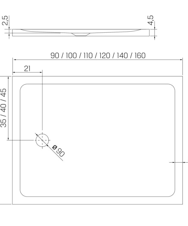 Plantegning til MILD™ Dusjkar - Lav Rektangulær Utgave - Hvit