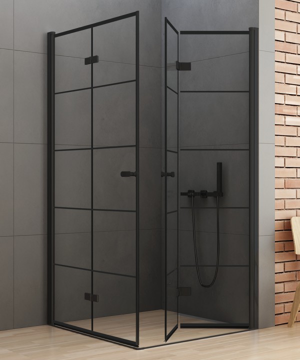 80x80x195 | NEW SOLEO™ Dusjhjørne | Svingbare foldedører med sprosser | 6mm Glass | Sort Matt