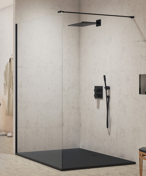 NEW MODUS™ Walk-in Dusjvegg | Enkel Glassvegg uten Frame | 8mm glass | Sort Matt