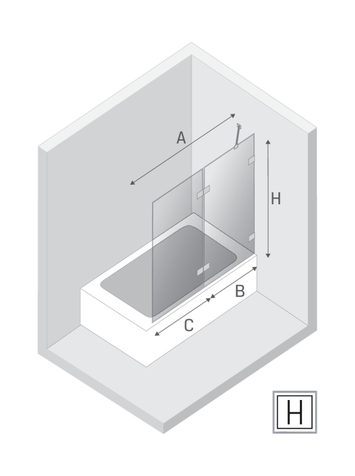 Plantegning til AVEXA badekarvegger m/høyre fastvegg og svingdør - 6 mm glass