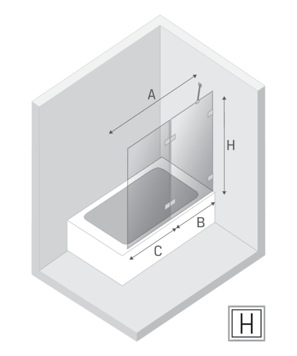 Plantegning til AVEXA badekarvegger m/høyre fastvegg og svingdør - 6 mm glass