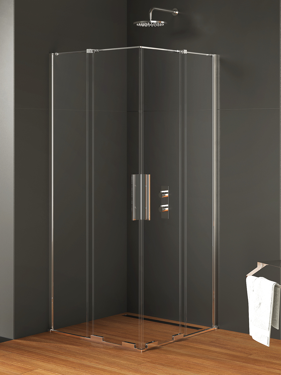 SMART Dusjhjørne m/fastvegger + doble skivedører - 8mm glass Høyglans Krom 90x90x200
