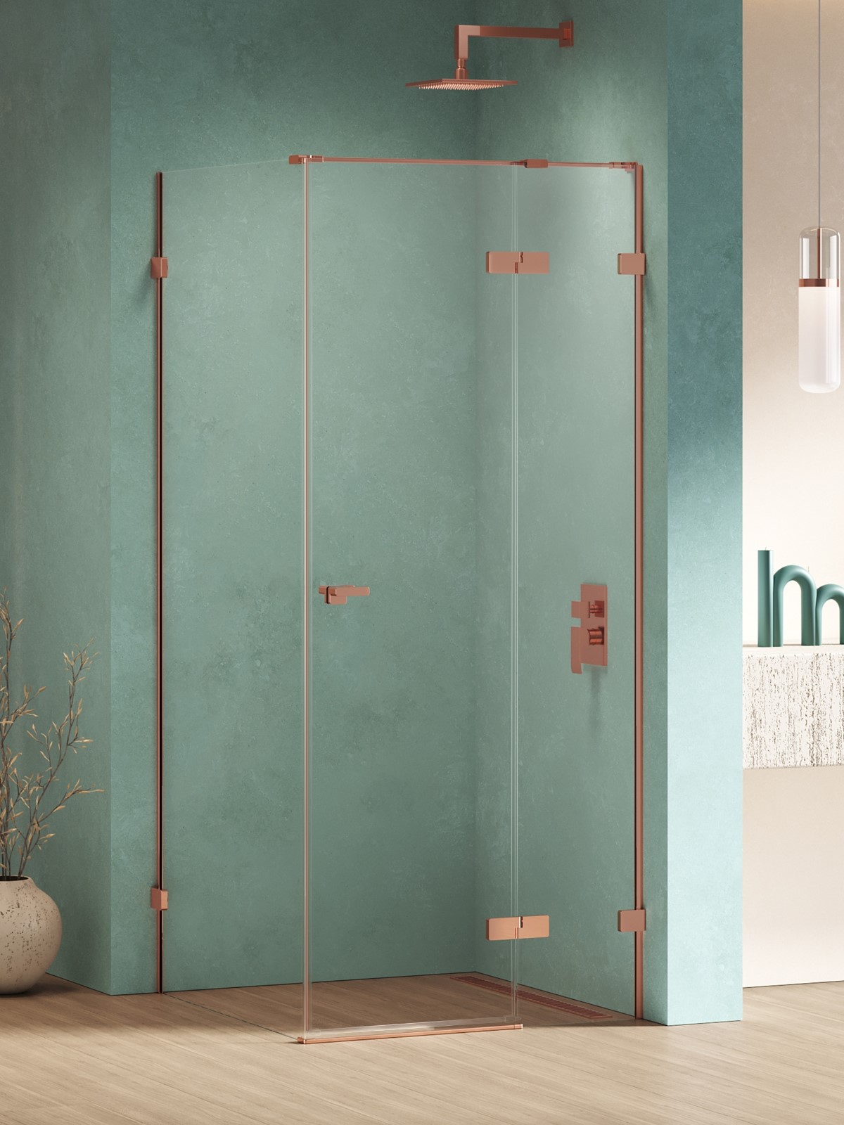 EVENTA Dusjhjørne m/Fastvegg + Venstre enkeltdør - 8mm glass Polert Kobber 120x120x200