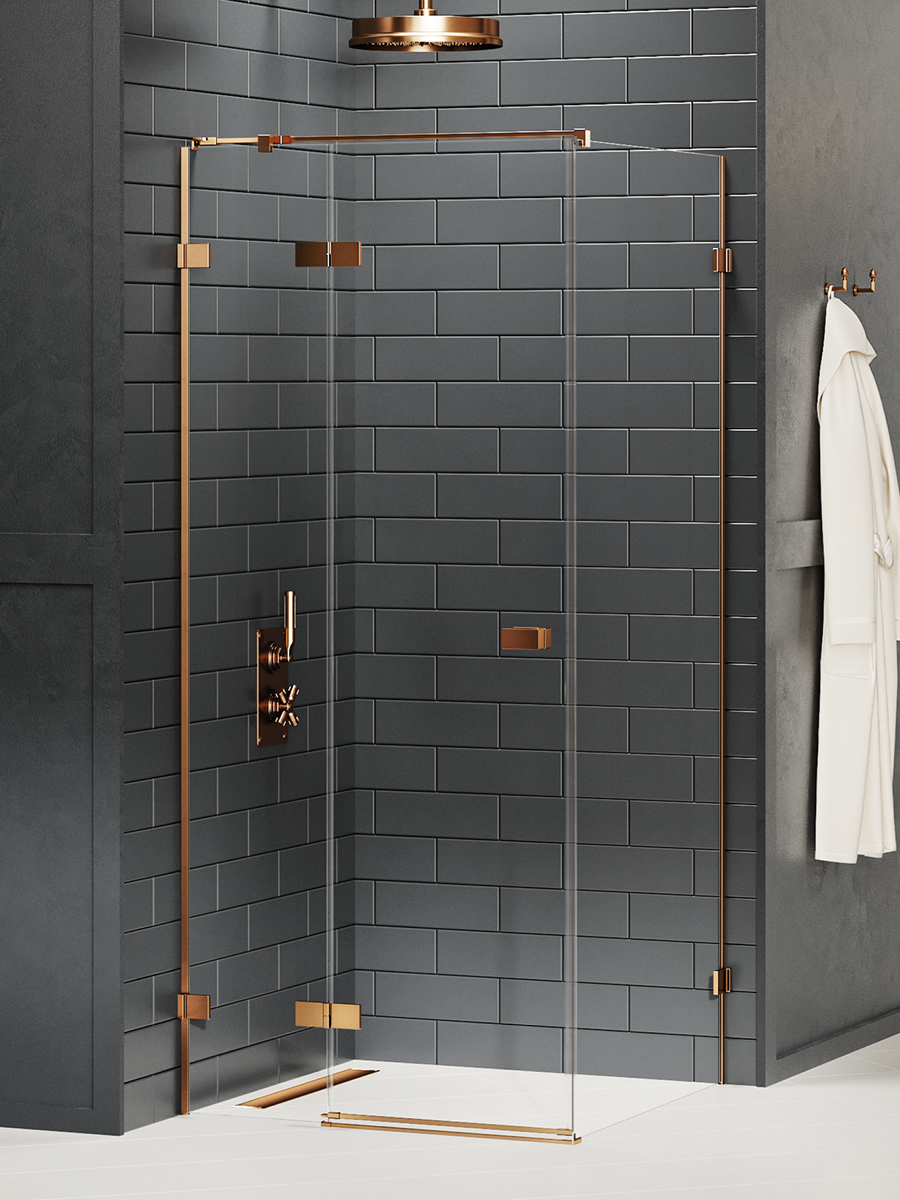 AVEXA Dusjhjørne – Høyre Enkeltdør + Fastvegg i Børstet Kobber