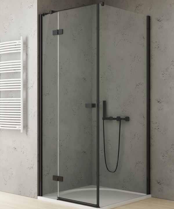 90x90x200 | REFLEXA™ Dusjhjørne | Svingdør med to fastfelt | Høyre Utgave | 6mm Glass | Sort Matt