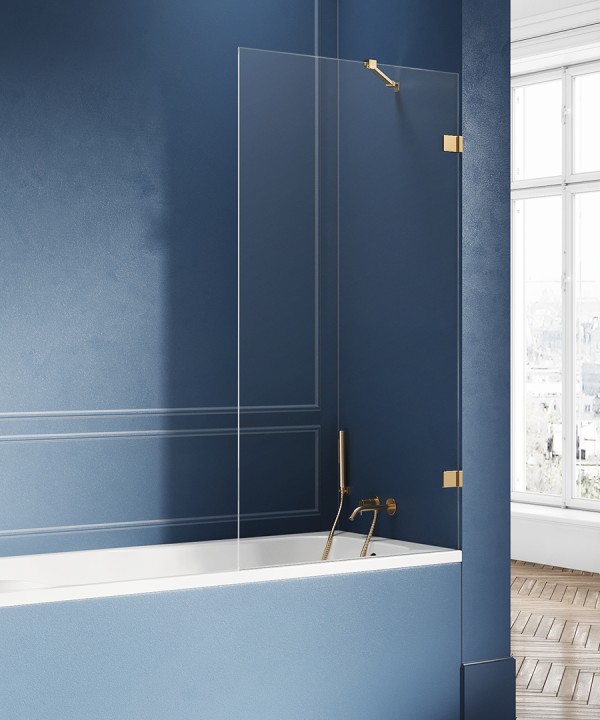 90x150 | AVEXA™ Badekarvegg | Fastvegg med diagonal beslag | 6mm Glass | Børstet Gull