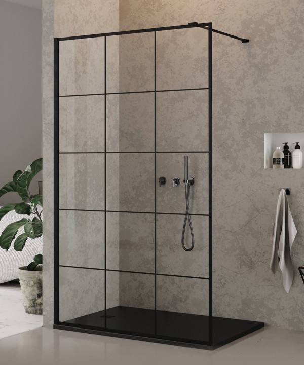 NEW MODUS™ Walk-in Dusjvegg | Enkel Glassvegg med sprosser | 8mm glass | Sort Matt